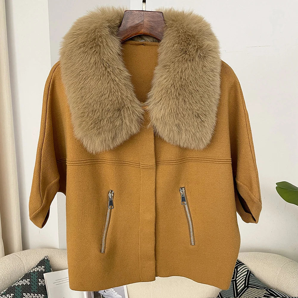 Women knit cardigan with faux fur collar and three quarter sleeves