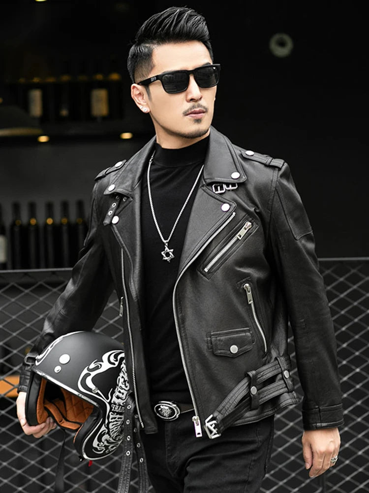 Men's Leather Jacket | Biker Style, Belted Design | Plus Size, Long Sleeves