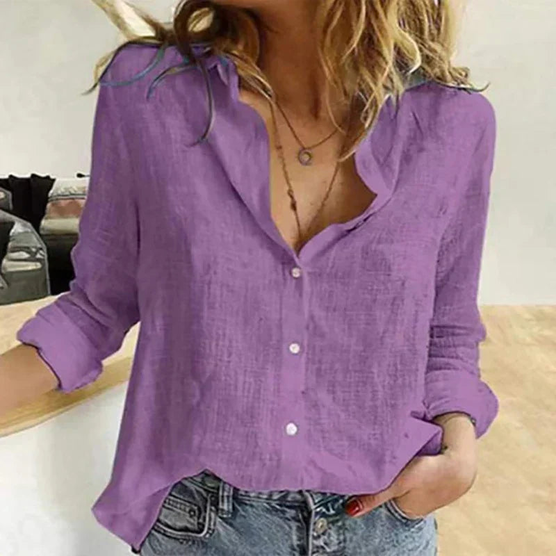 Women's Linen Blouse | Button-Down Bird Print, Long Sleeve