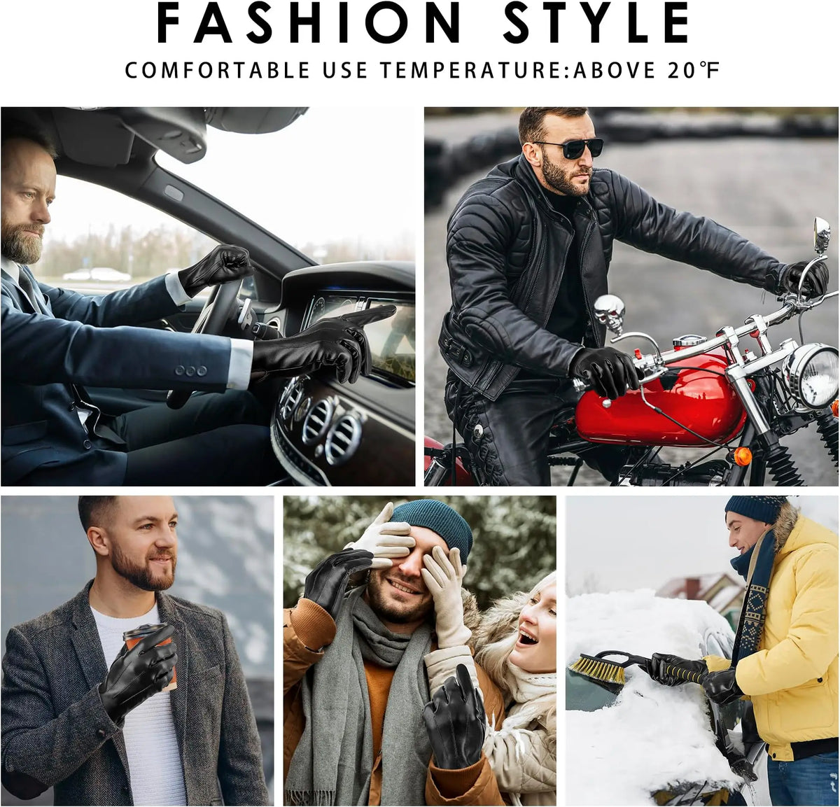 Men sheepskin leather winter gloves fleece lined driving style