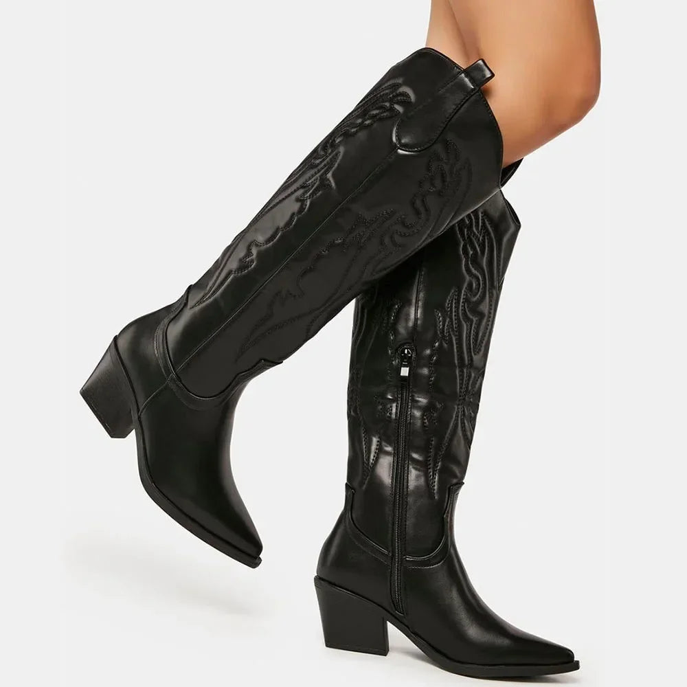 Womens knee high cowboy boots western with pointed toe and embroidered detail