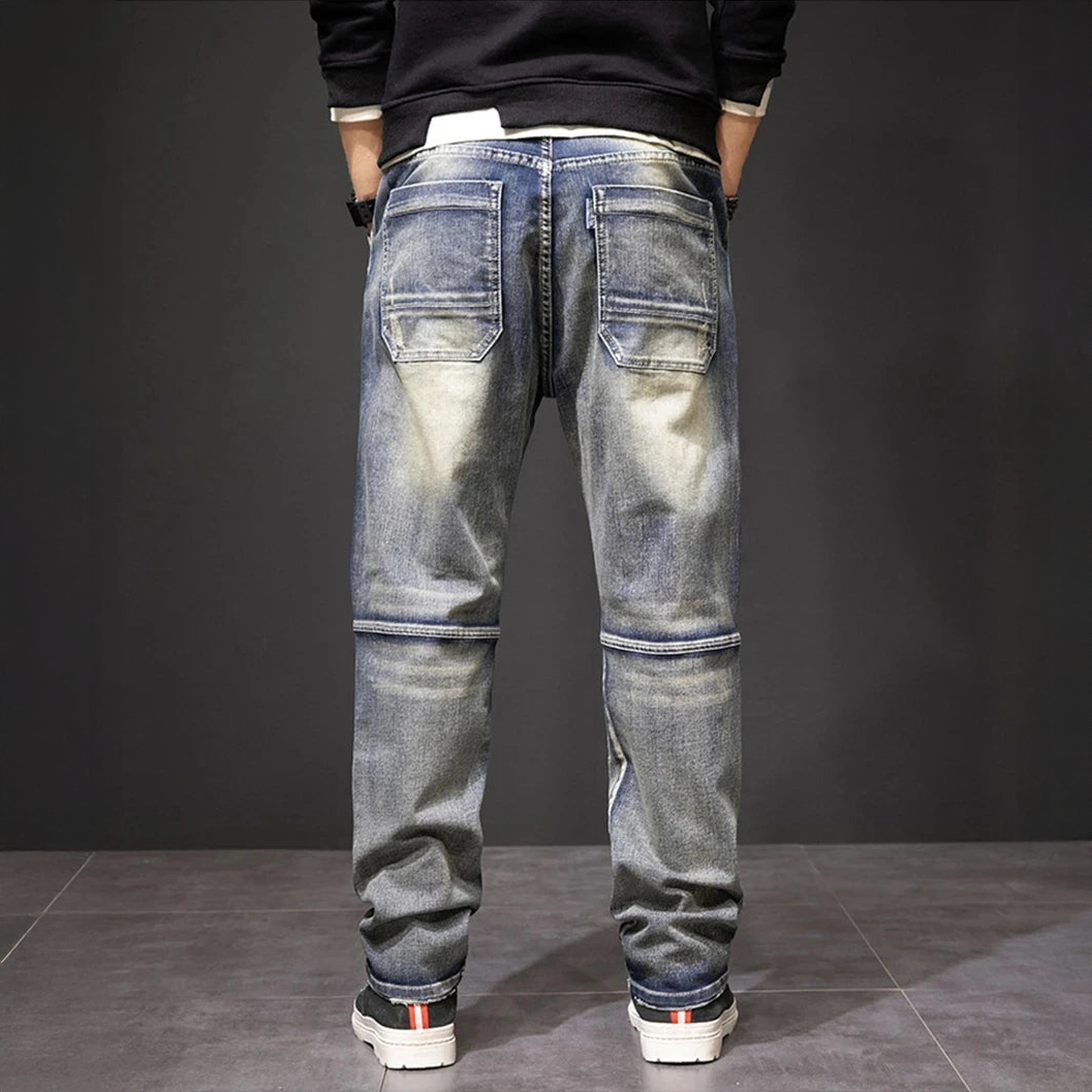 Men denim straight leg cargo jeans with distressed vintage wash and contrast stitching