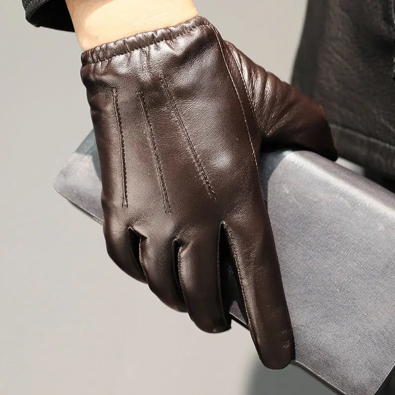 Men sheepskin leather winter gloves fleece lined driving style