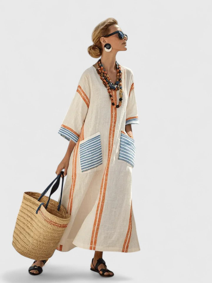 Women's Maxi Dress | Cotton Kaftan with Stripe Detail | V-Neck