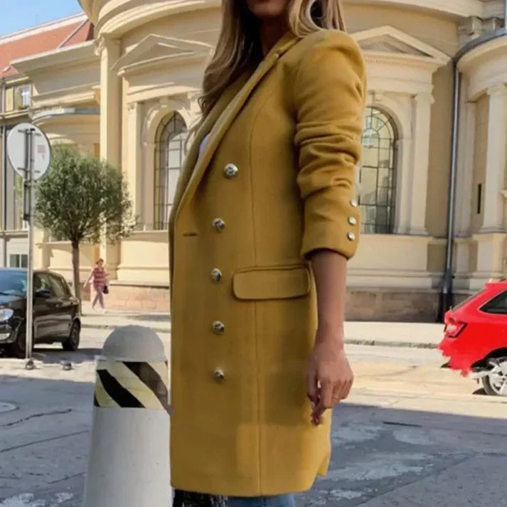 Women long button up coat with classic collar and side pockets