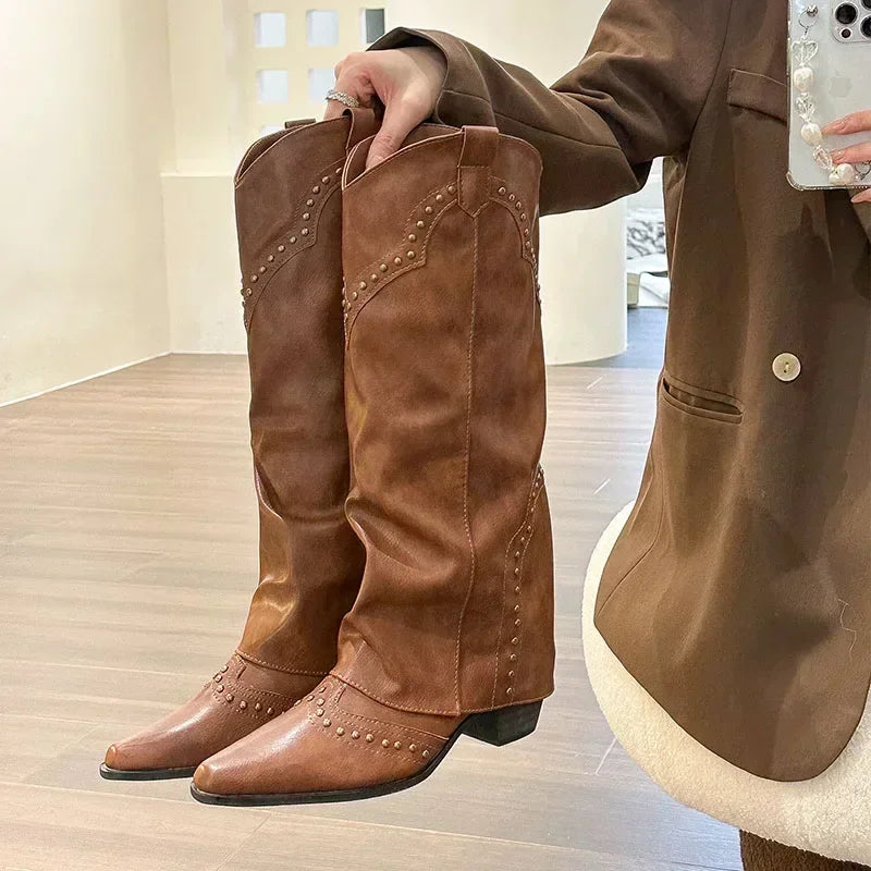 Womens knee high cowboy boots with square heel and retro style