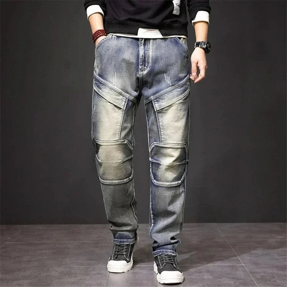 Men denim straight leg cargo jeans with distressed vintage wash and contrast stitching