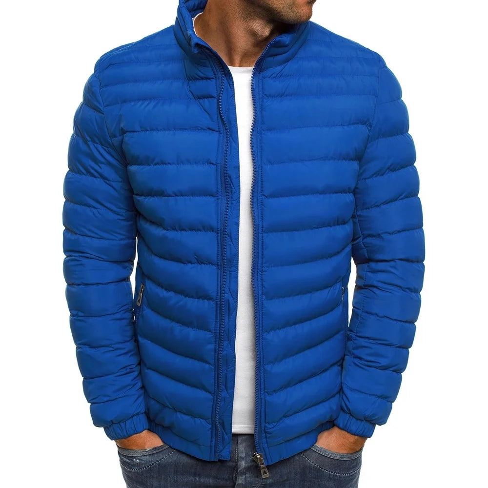 Mens puffer jacket stand collar winter padded, windproof thick warm build