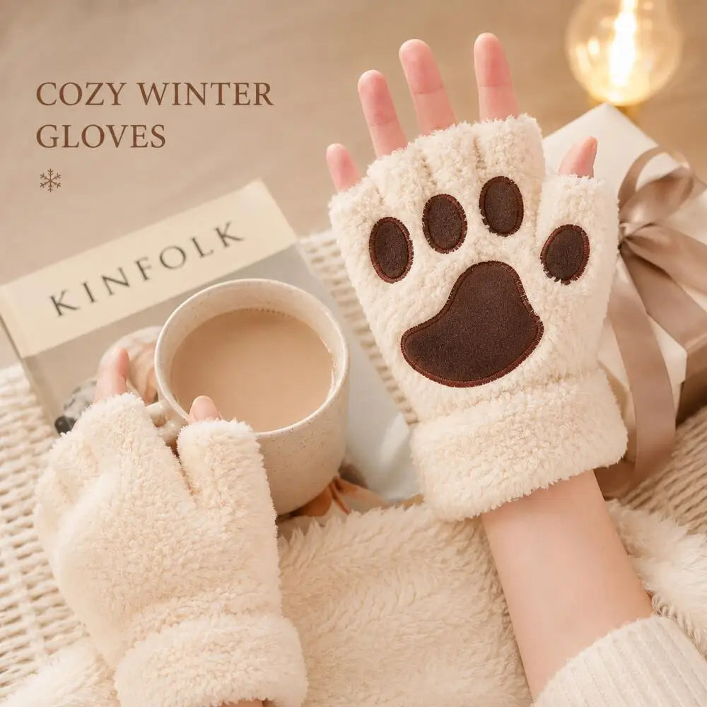 Women girls plush fingerless winter gloves cat paw design with anti-loss cord