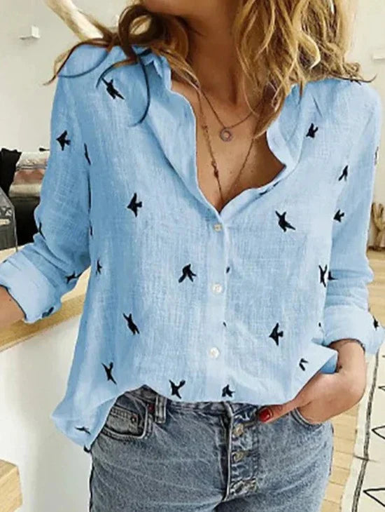 Women's Linen Blouse | Button-Down Bird Print, Long Sleeve