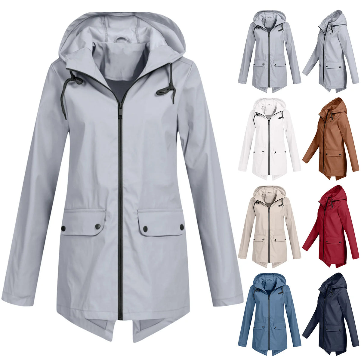 Women waterproof lightweight hooded rain jacket zip-up outdoor
