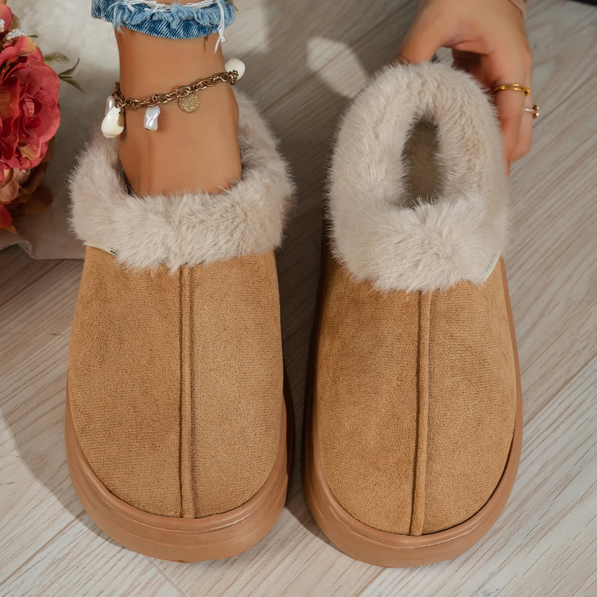 Women slipper boots fuzzy warm indoor anti-slip flat pull-on