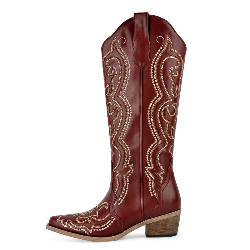 Women's Cowboy Boots | Knee High, Western Embroidery, Thick Heel