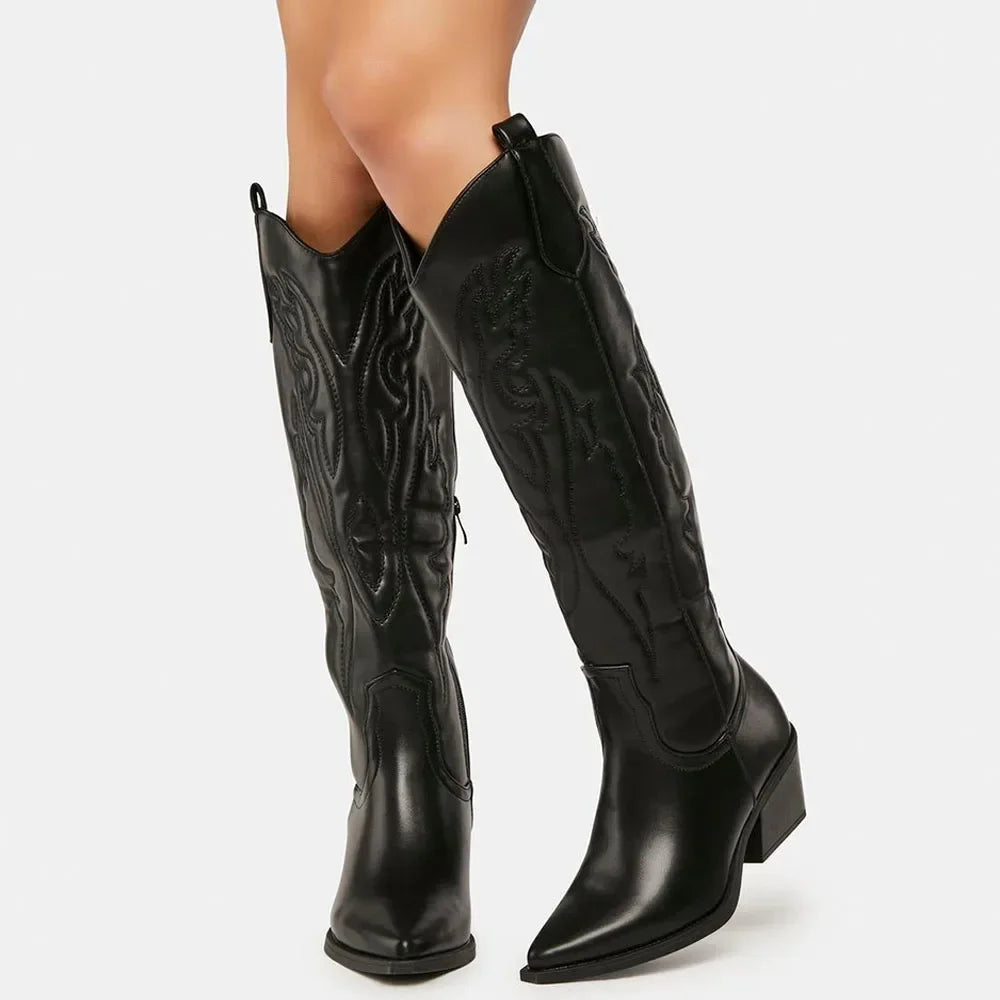 Womens knee high cowboy boots western with pointed toe and embroidered detail