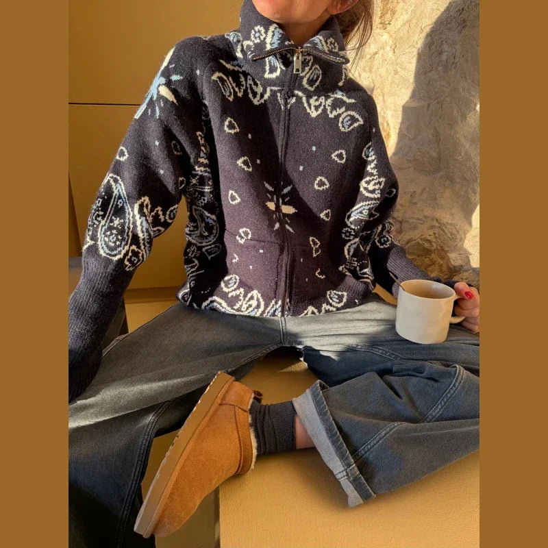 Women knit jacquard cardigan zip up stand collar loose fit full sleeve