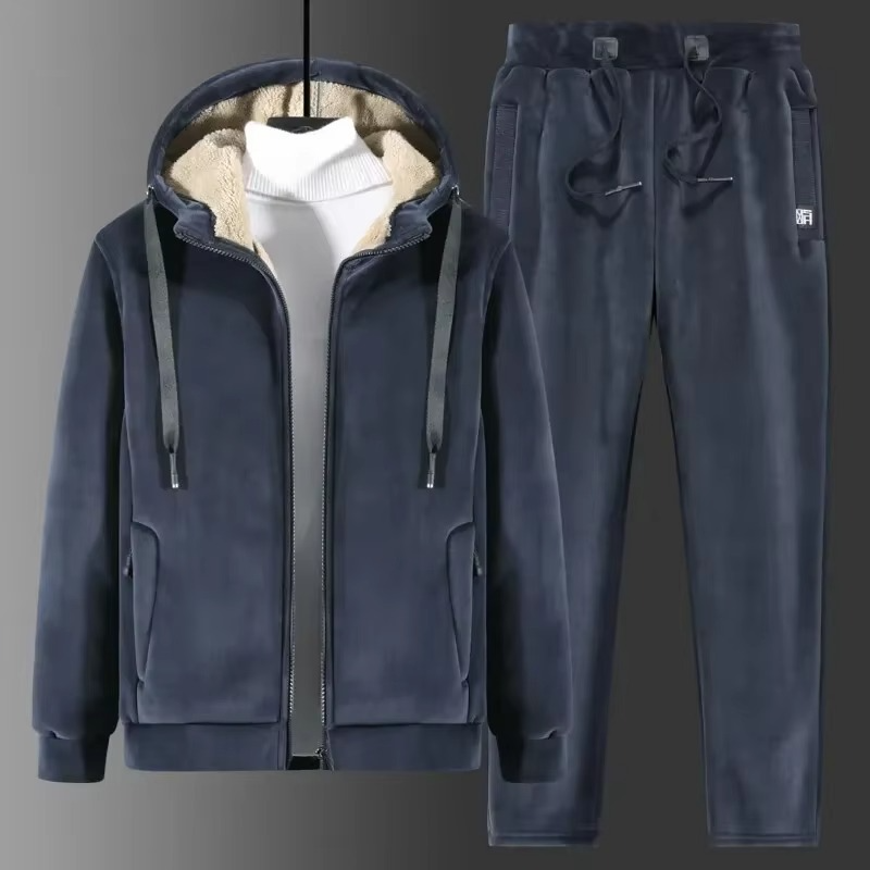 Men 2 piece fleece tracksuit set with hooded jacket and pants for winter