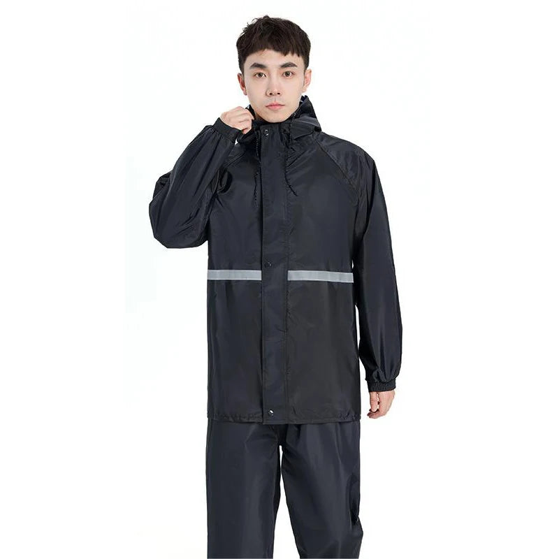 Unisex waterproof rain suit hooded jacket and pants with reflective strips