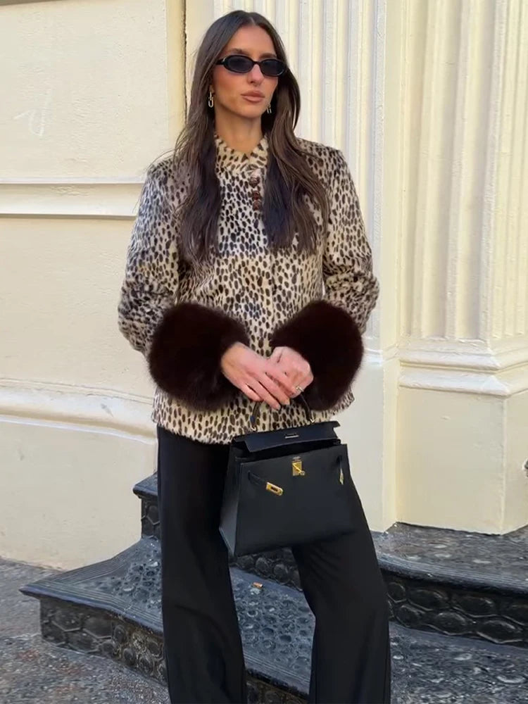 Womens leopard print coat with long sleeves and single breasted winter style