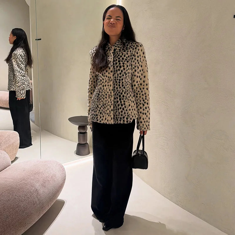 Womens leopard print coat with long sleeves and single breasted winter style