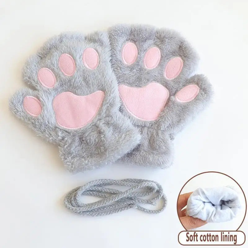 Women girls plush fingerless winter gloves cat paw design with anti-loss cord