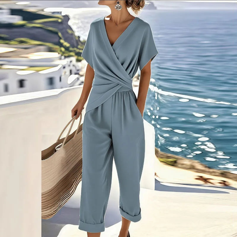 Women's Two-Piece Set | Wrap Top & Tapered Pants | Casual