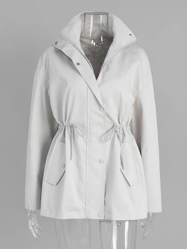 Women short parka stand collar drawstring waist relaxed fit