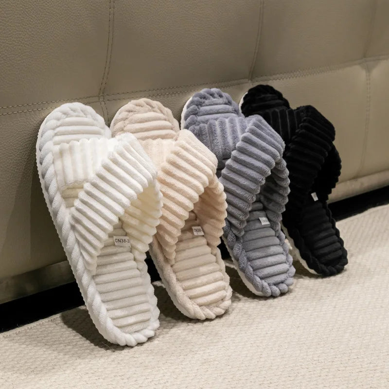 Women's Corduroy Slippers | Cross Band, Warm Plush | Open Toe Slides