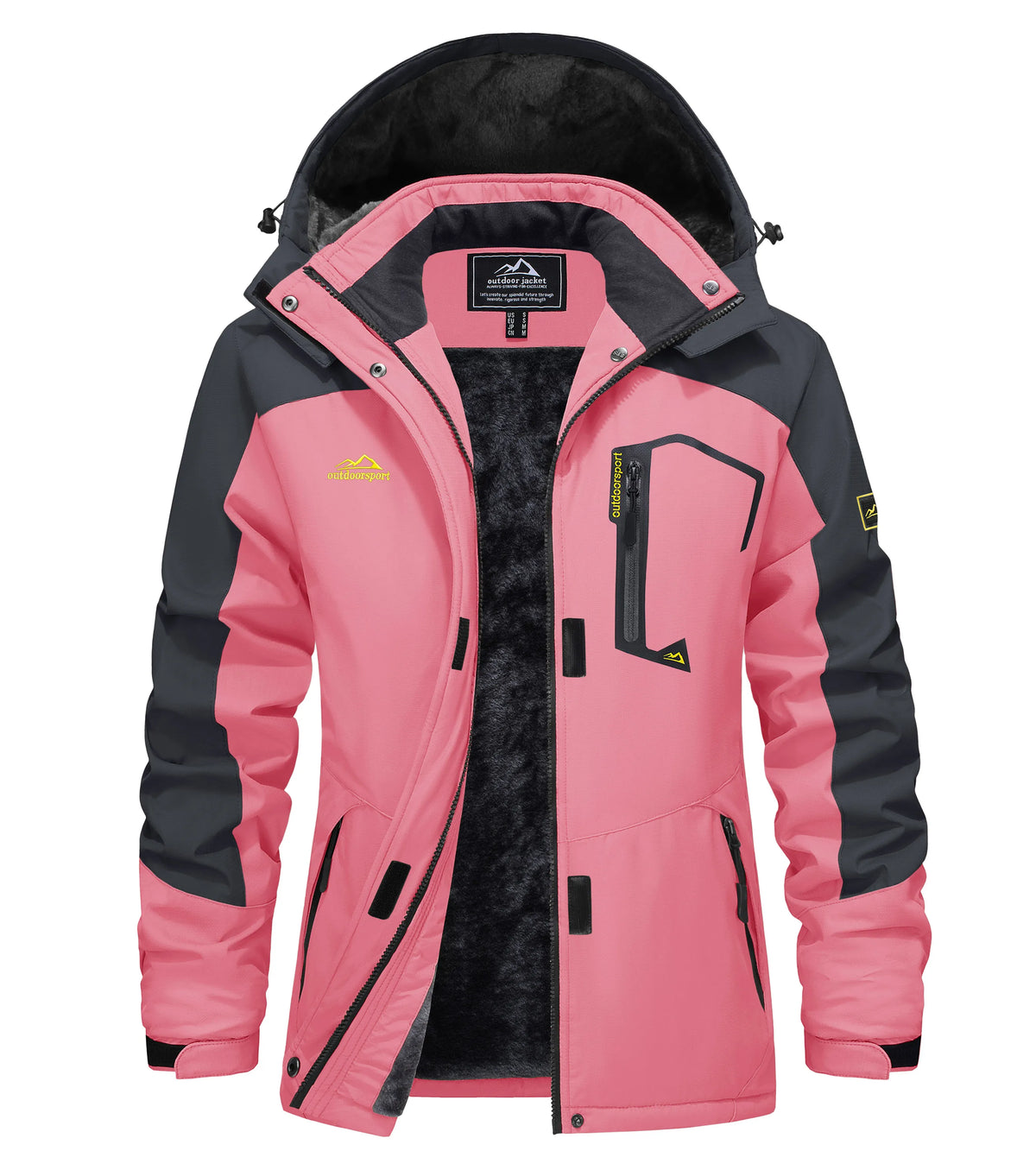 Womens waterproof jacket fleece lined with removable hood, winter ski wear