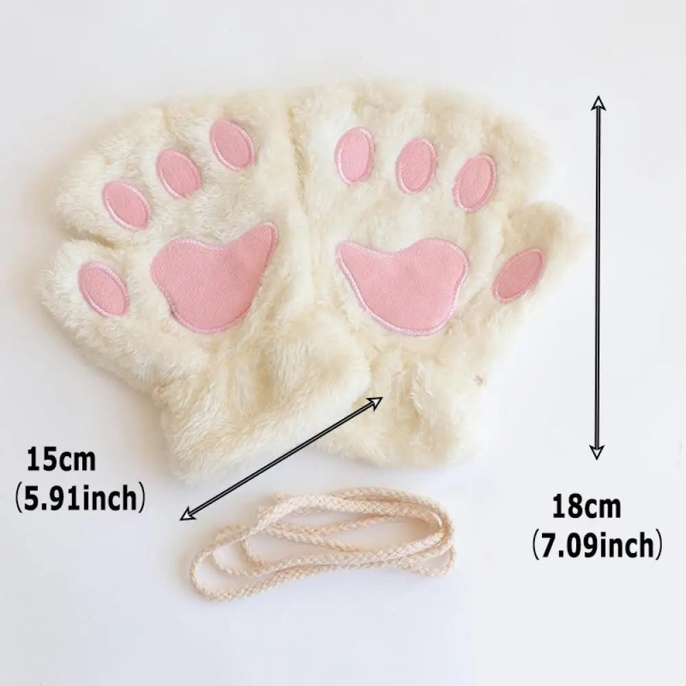 Women girls plush fingerless winter gloves cat paw design with anti-loss cord
