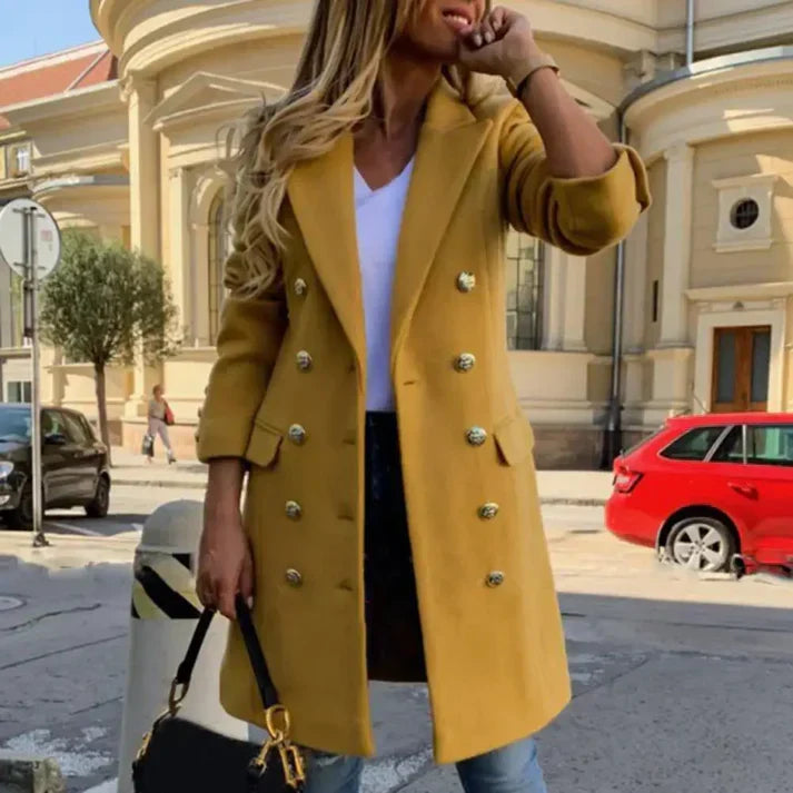 Women long button up coat with classic collar and side pockets