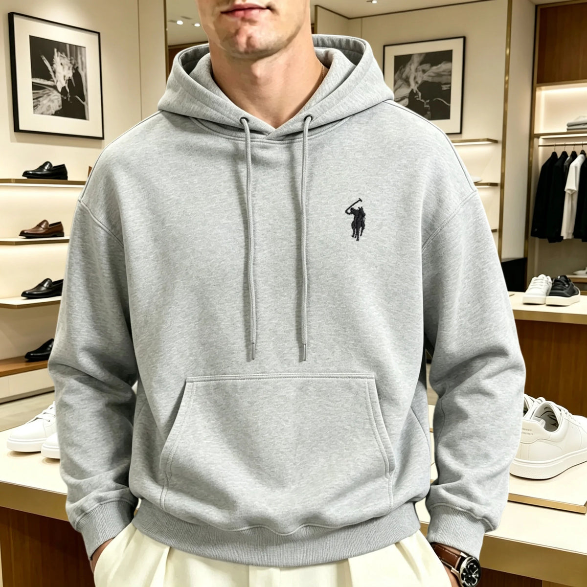Unisex heavyweight embroidered hoodie loose fit pullover with animal motif