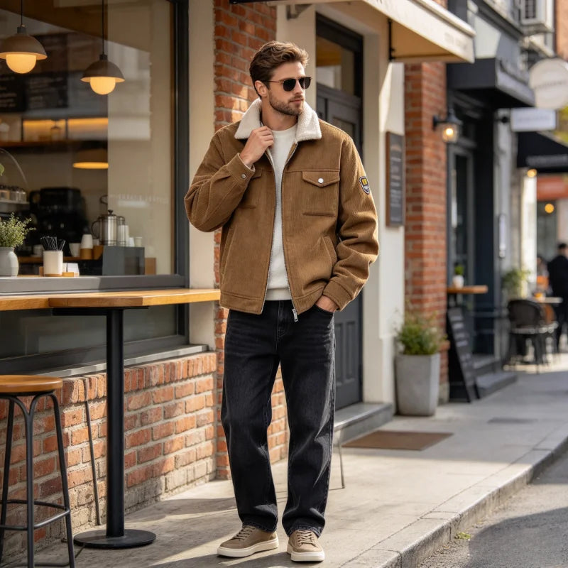 Sherpa lined corduroy jacket men with lapel collar and thick warmth