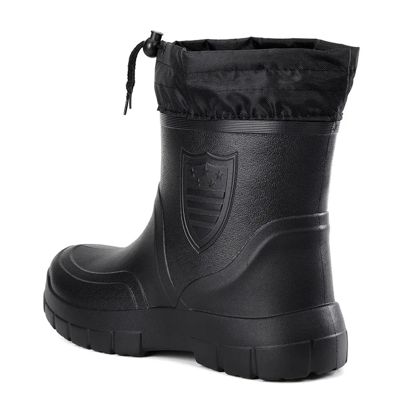 Men waterproof rain boots slip on low heel rubber outsole