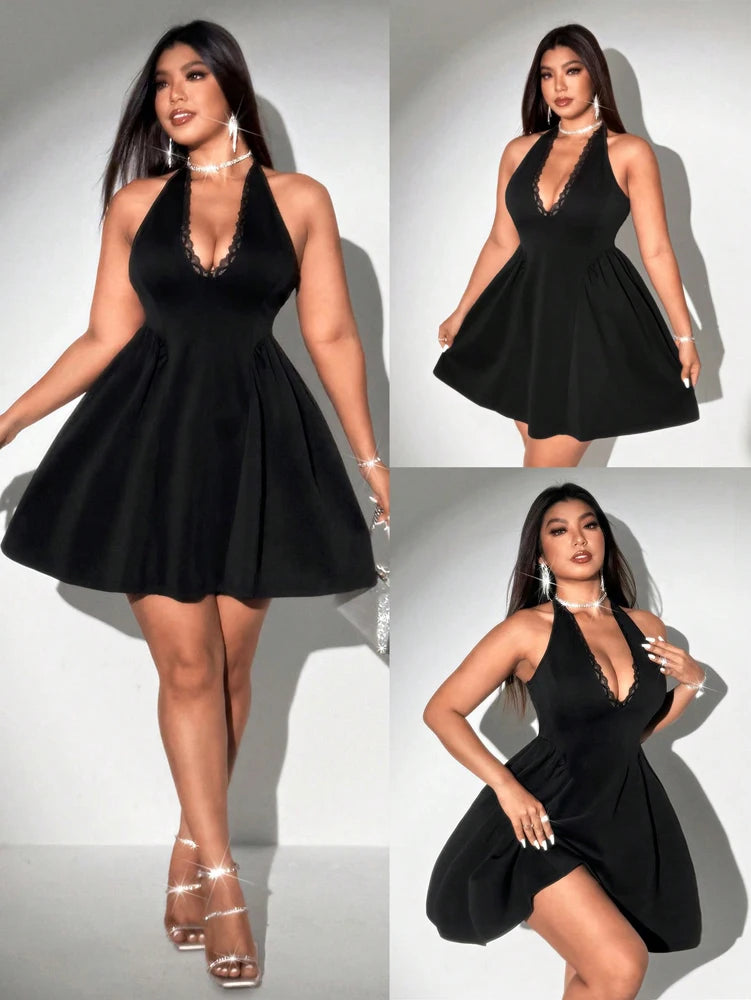 Plus Size Summer Dress | Black Lace V-Neck Sleeveless Puffed Skirt