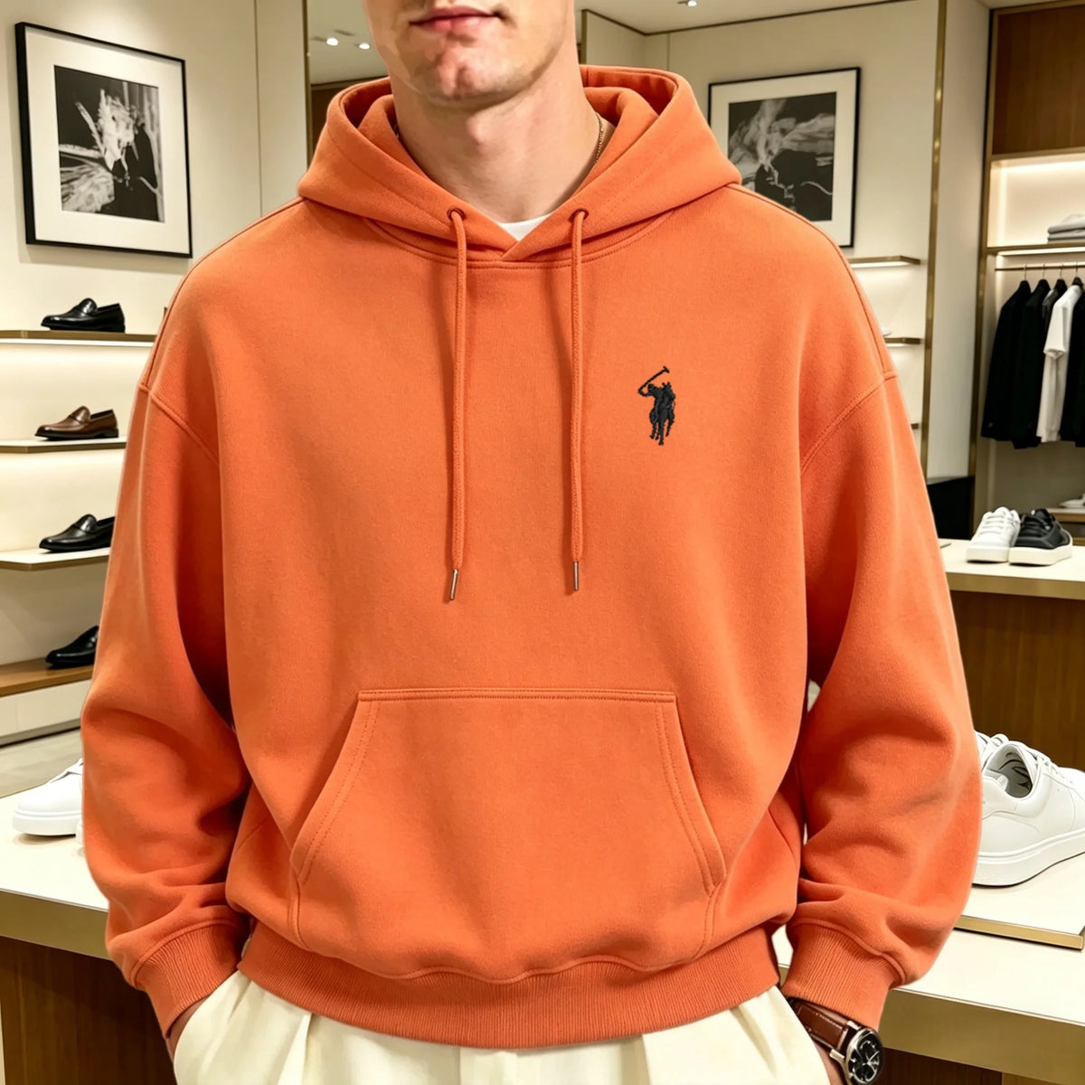 Unisex heavyweight embroidered hoodie loose fit pullover with animal motif