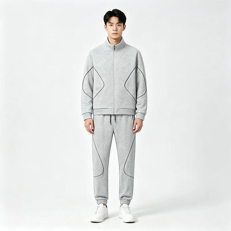 Men Cotton Long Sleeve Mandarin Collar Set casual two piece