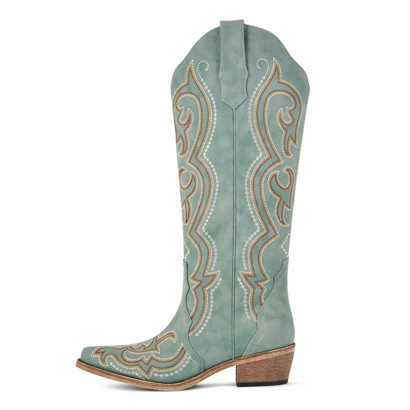 Women's Cowboy Boots | Knee High, Western Embroidery, Thick Heel