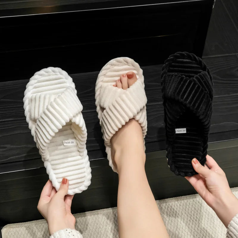 Women's Corduroy Slippers | Cross Band, Warm Plush | Open Toe Slides