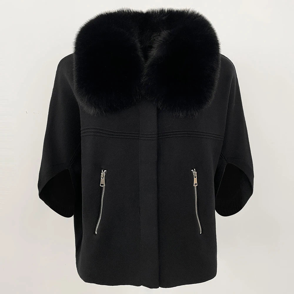 Women knit cardigan with faux fur collar and three quarter sleeves