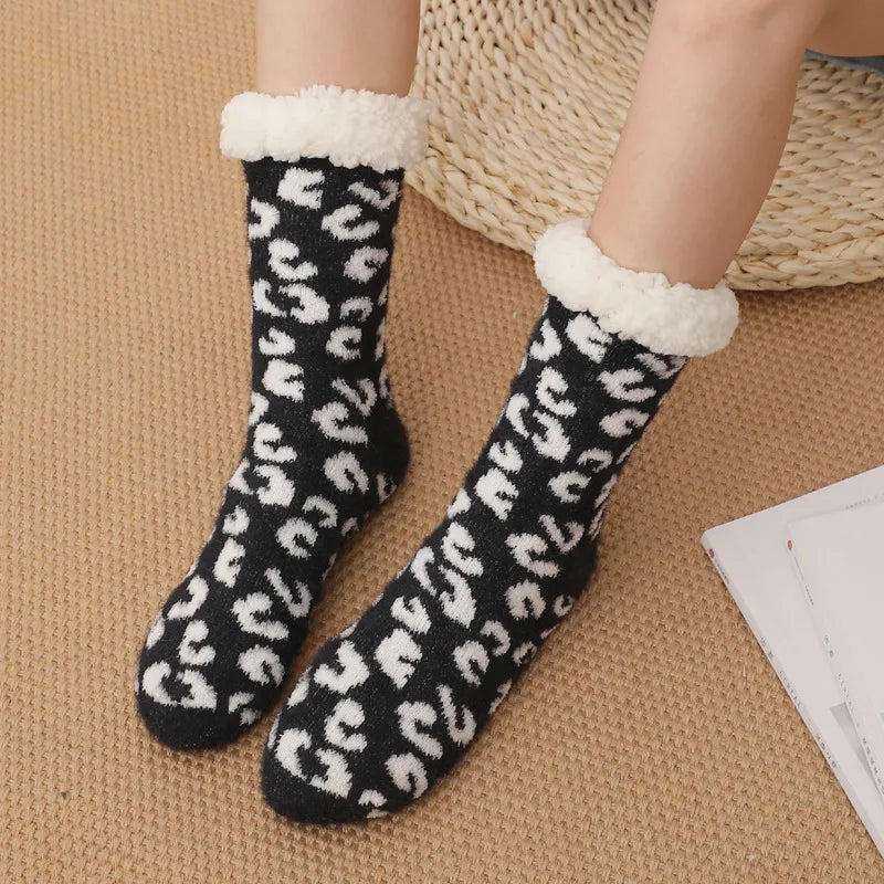 Teddy slipper socks women leopard print fluffy thermal winter