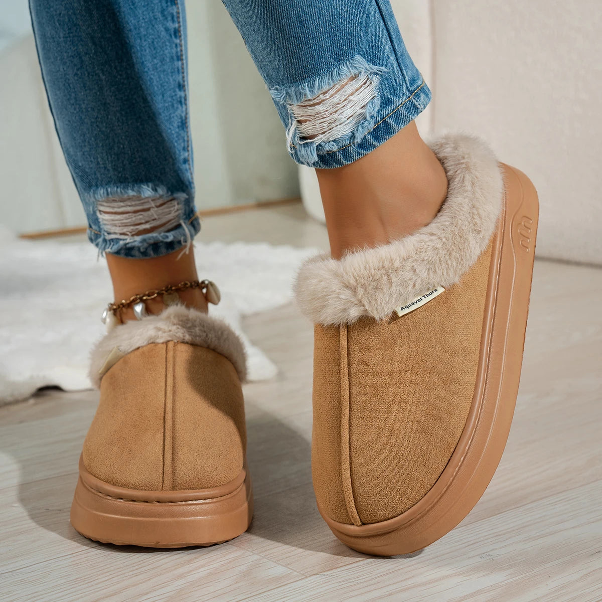 Women slipper boots fuzzy warm indoor anti-slip flat pull-on
