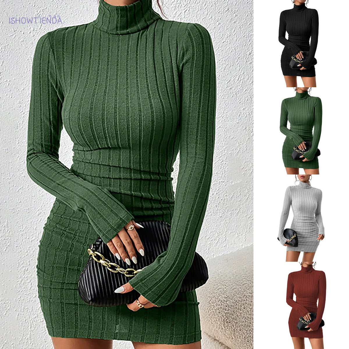 Knit Dress | Women's Bodycon, Turtleneck | Long Sleeve, Mini Length