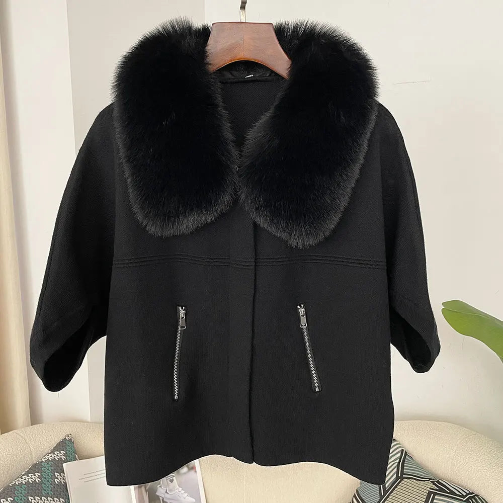 Women knit cardigan with faux fur collar and three quarter sleeves