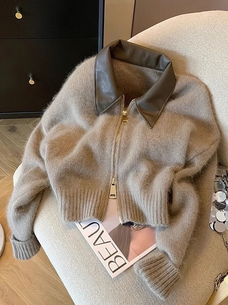 Women knit patchwork zip cropped cardigan vintage Y2K style