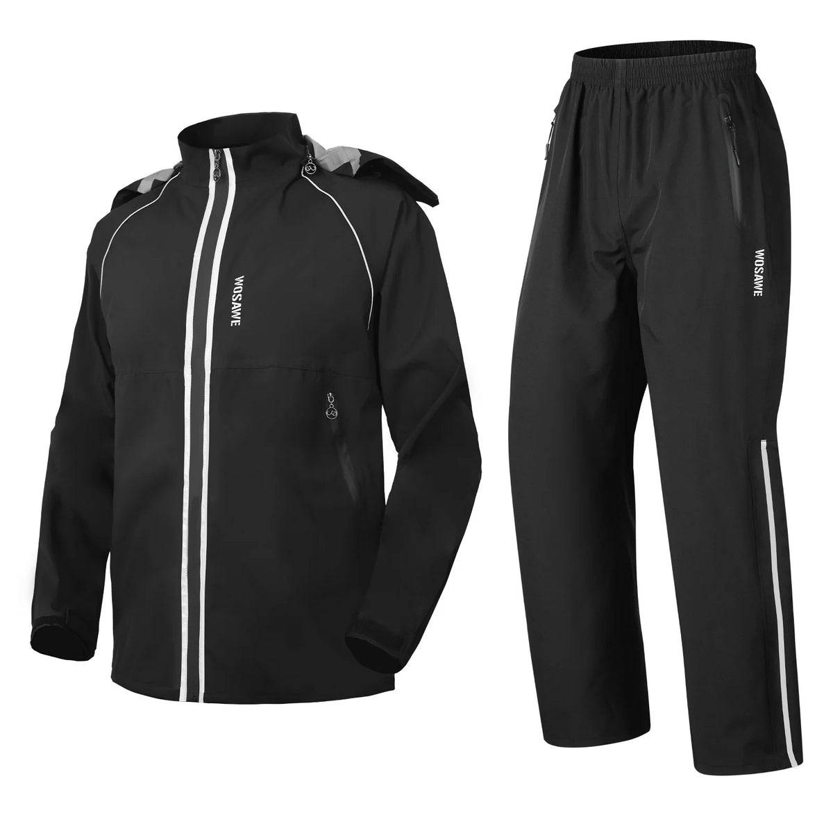 Unisex waterproof rain jacket and pants set with 360 degree reflective stripes