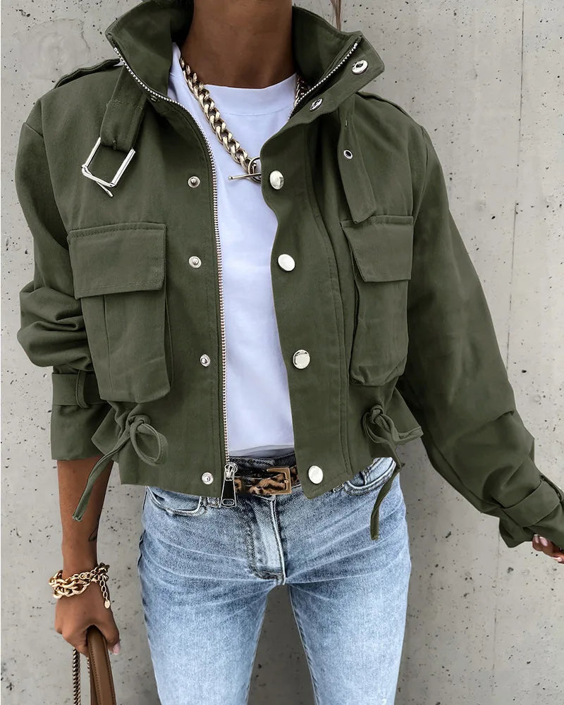 Women's Cargo Jacket | Short, Zipper & Large Pockets