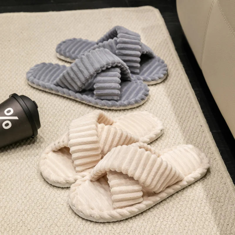 Women's Corduroy Slippers | Cross Band, Warm Plush | Open Toe Slides