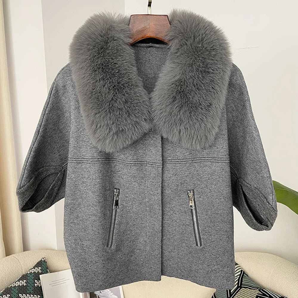 Women knit cardigan with faux fur collar and three quarter sleeves