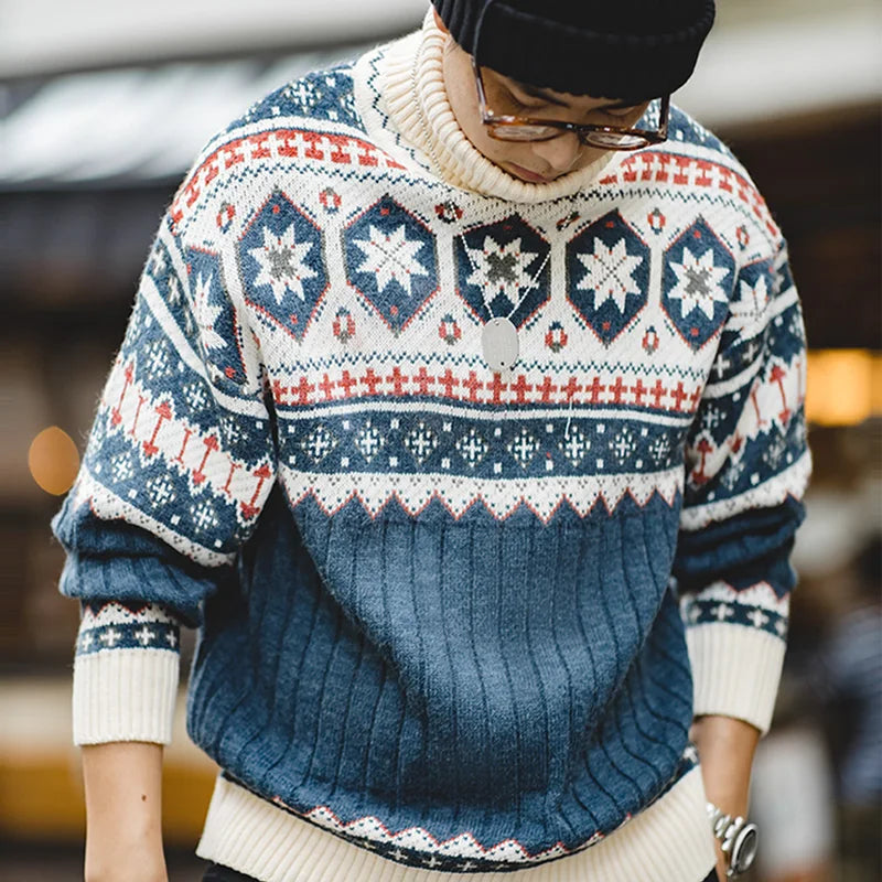 Christmas Jumper | Mens Fair Isle Knit Sweater, Turtleneck Pullover
