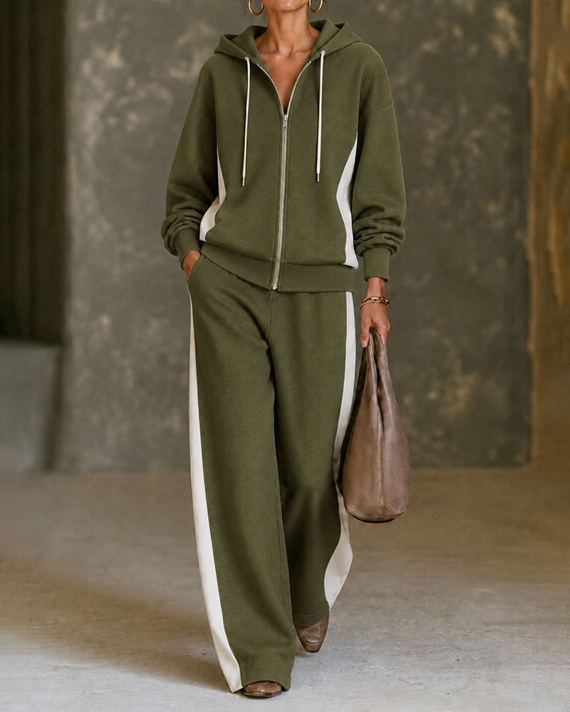 Womens 2 piece zip sweatshirt wide leg set with color block design and soft terry knit